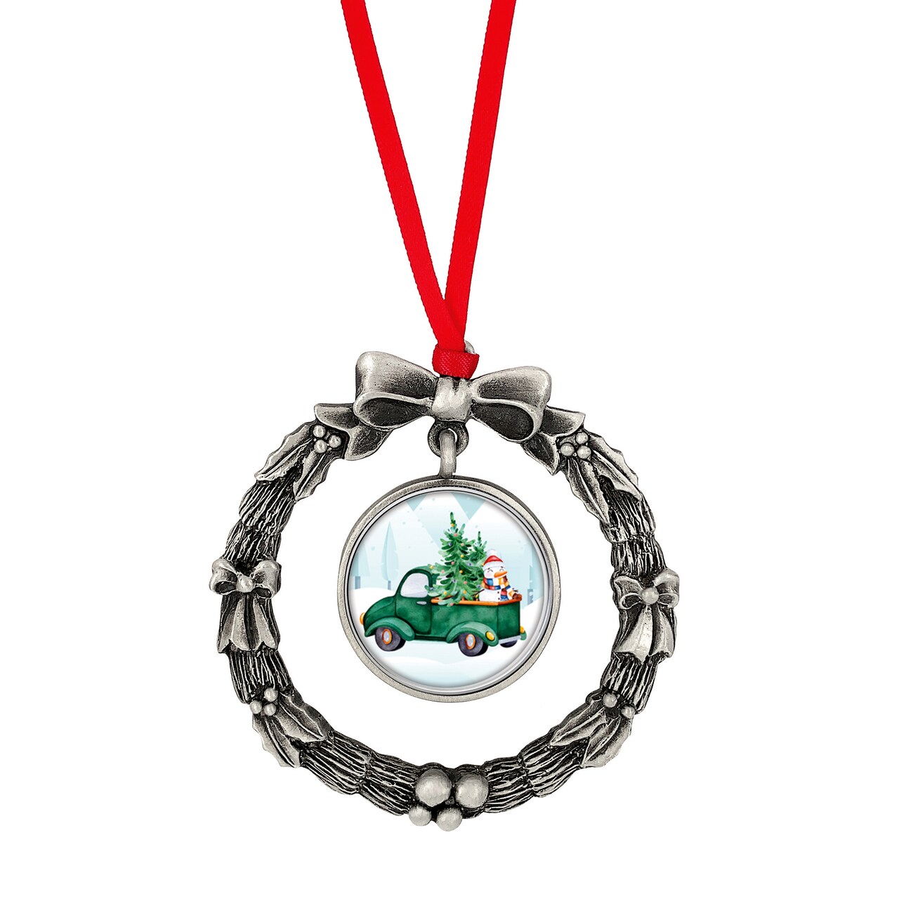 Wreath Ornament With Colorized Quarter Green Vintage Christmas Truck Coin